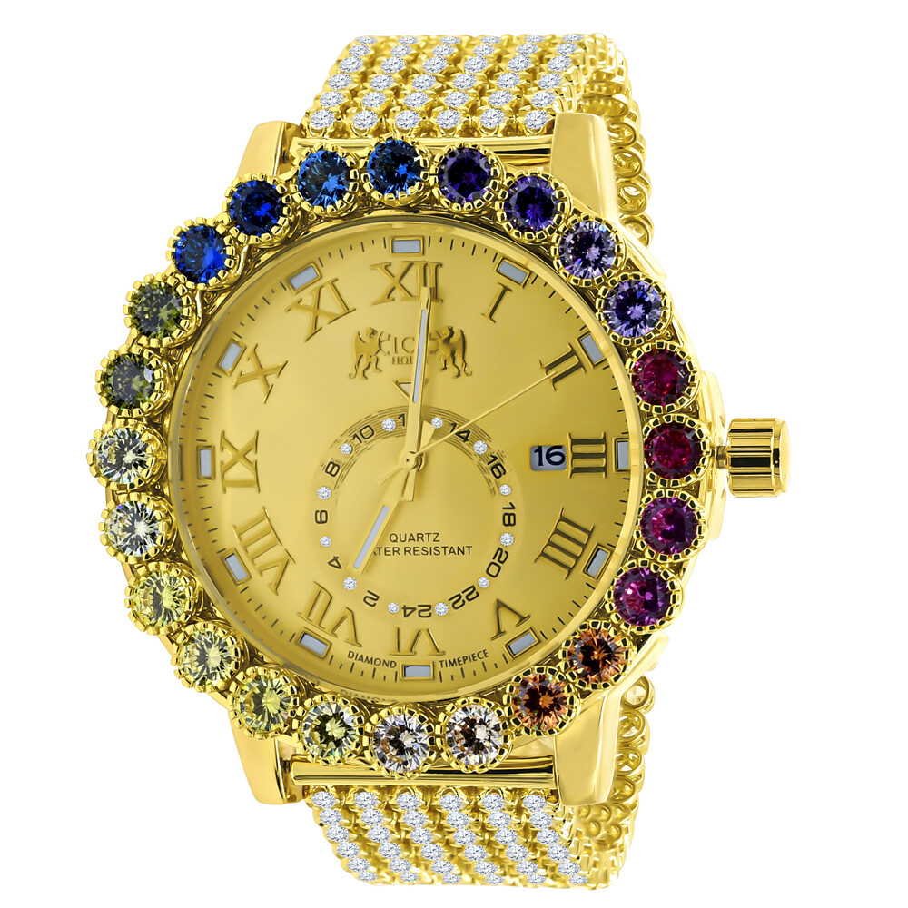 Pre-owned Ice House Rainbow Gold Multi Tone Prong Set Custom Time Piece Men's Custom Watch Xl 55mm