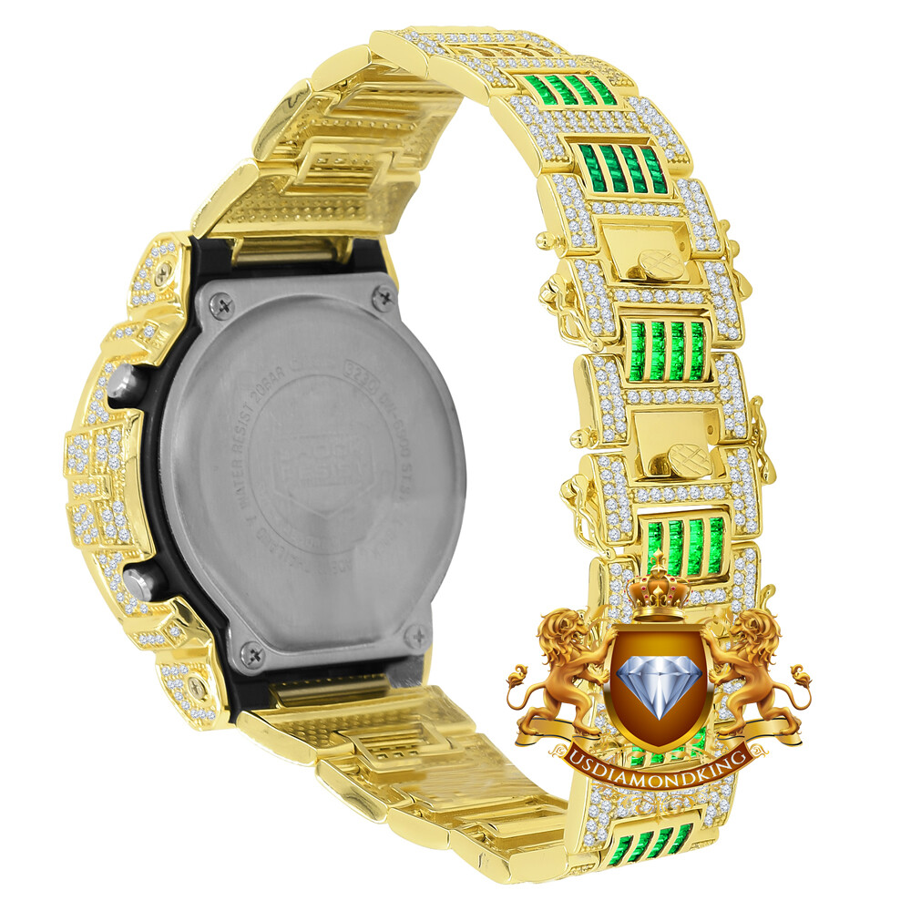 Pre-owned Usdiamondking Baguette Green Emerald Gold Finish Casio Shock Authentic Dw-6900 Custom Watch