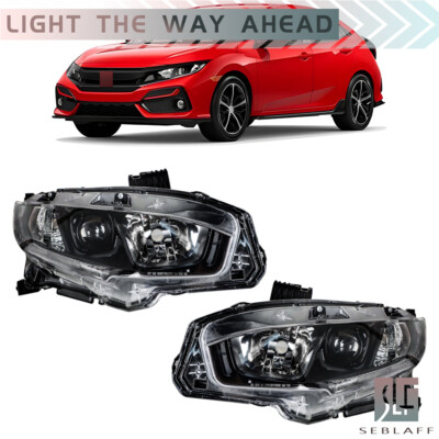 Pair For 2016-2021 Honda Civic Halogen Headlights Headlamp W/LED DRL Black LH&RH