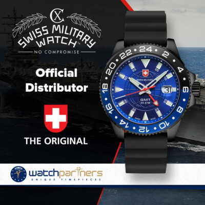 Pre-owned Cx Swiss Military Gmt Nero Scuba Swiss Watch Pvd Case 2nd T/zone Blu Dial 27771
