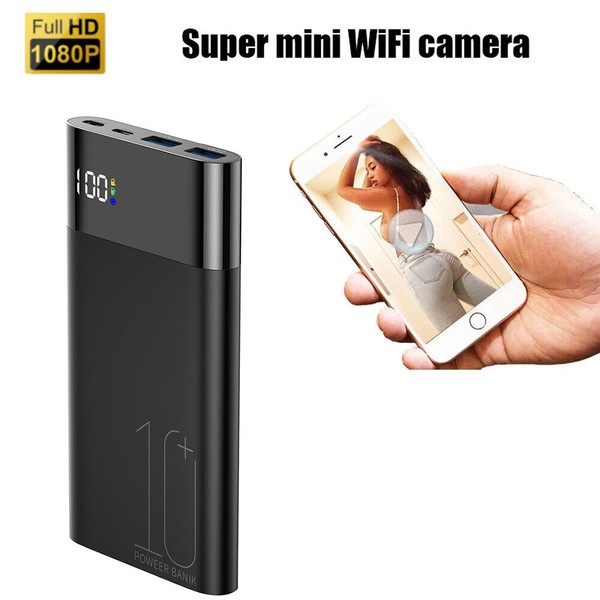 Compact power bank with built-in 1080P WiFi camera.