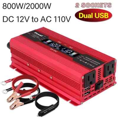 800W 2000W DC 12V to AC 110V Power Inverter Car Converter With 2USB 2AC Trip Red