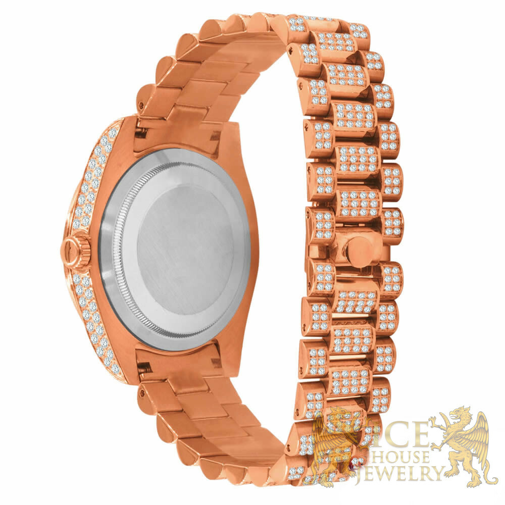 Pre-owned Bling Master Solid Stainless Steel Solitaire Roman Dial 18k Rose Gold Day & Date Men's 40 Mm
