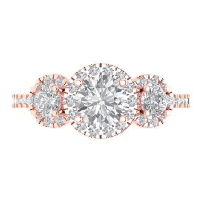 Pre-owned Pucci 1.75 Round Halo 3 Stone Moissanite Classic Bridal Statement Ring 14k Rose Gold In White/colorless
