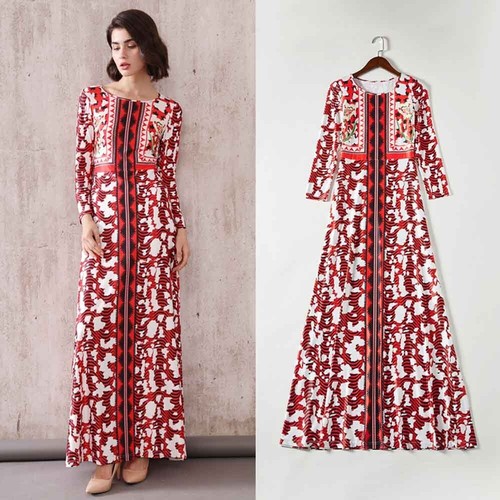 Pre-owned Handmade Custom Made To Order Crew Neck Long Sleeve Printed Maxi Dress Plus 1x-10x L627