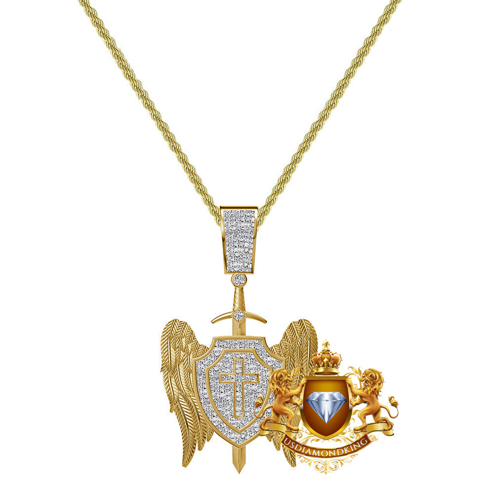 Pre-owned Us Diamond King Real Diamond 0.61 Ct. Saint Michael Archangel Cross Charm Pendant Chain Neckless In Yellow Gold Finish