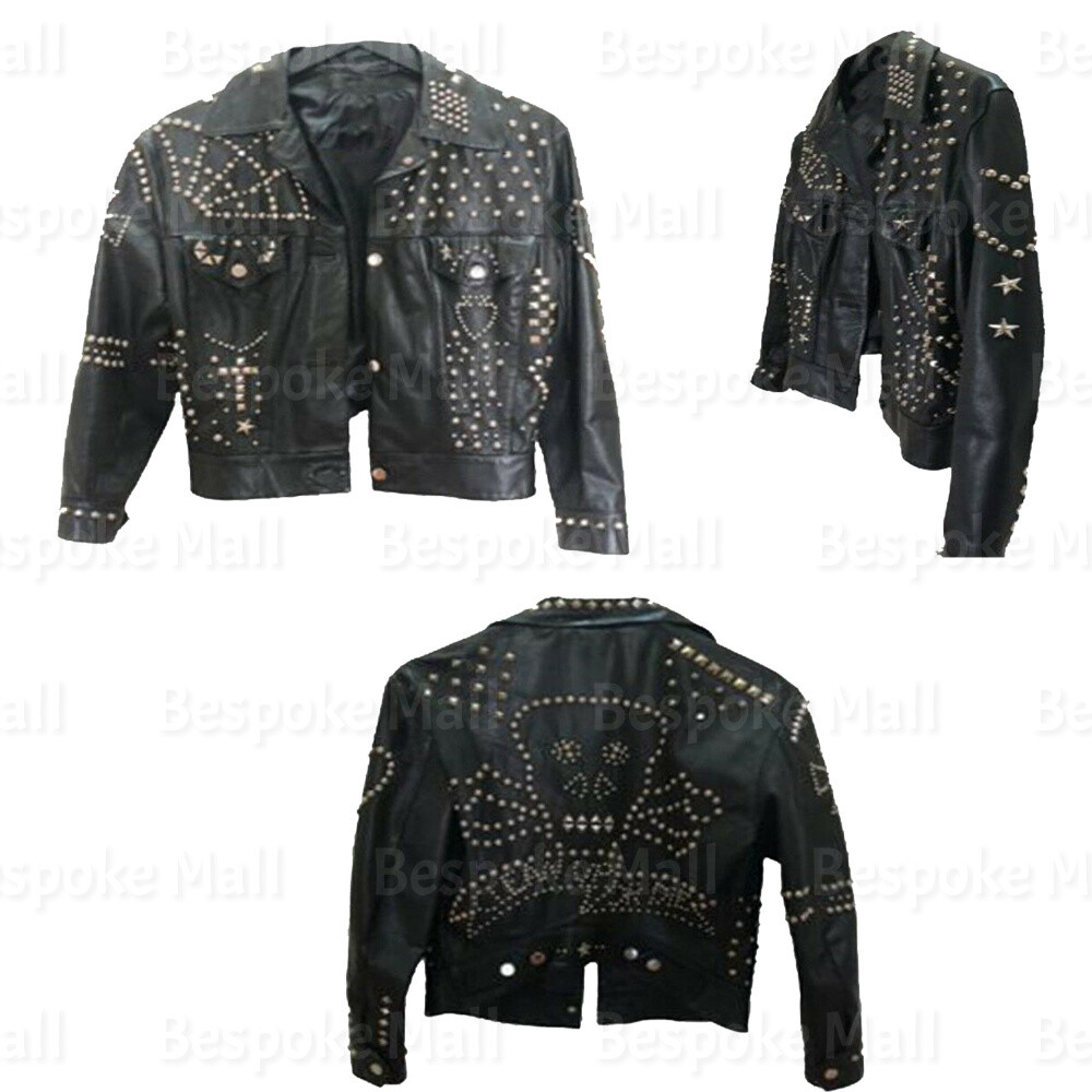 Pre-owned Handmade Men's Black Punk Clean Up Silver Studded Cowhide Leather Jacket All Size-558