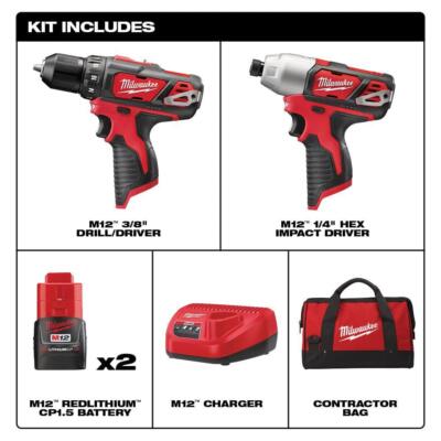 Milwaukee Cordless Drill Impact Driver Combo Kit W/ 2 Batteries Charger 12-Volt