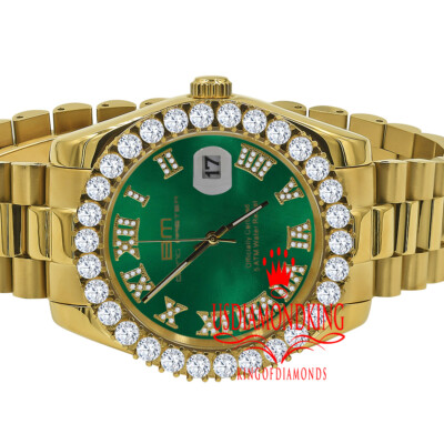 Pre-owned Bling Master Mens Solid Steel Green Dial 18k Gold Simulated Diamonds Presidential Watch 42mm