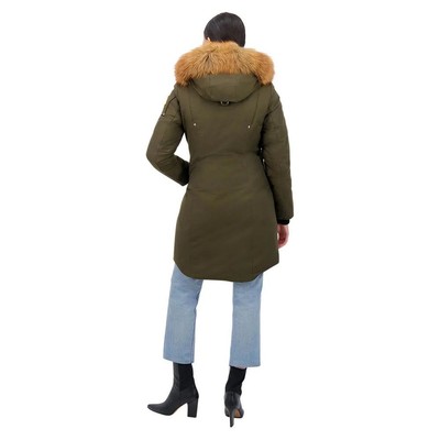 Pre-owned Moose Knuckles Goldfarbener Parka Fur Damen Mit Blauer Fuchsfellkrause In Army In Grün