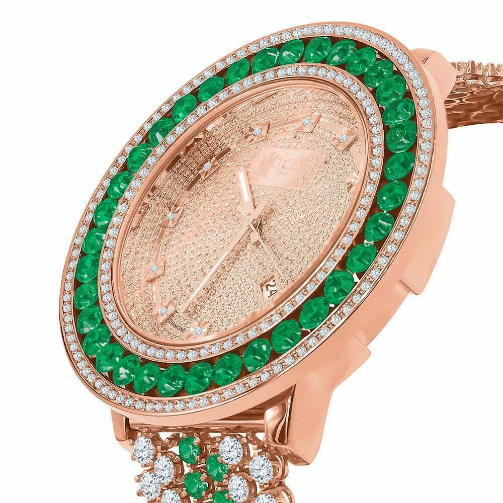 Pre-owned Ice House Green Solitaire Xxl Face Simulated Diamond 18k Rose Gold Tone W/date Watch
