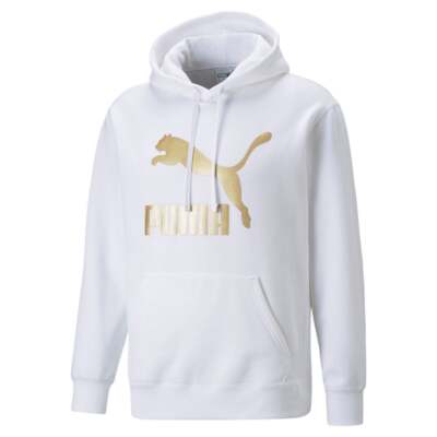 

Puma Classics Metallic Logo Pullover Hoodie Мужская белая повседневная верхняя одежда 53703502, Белый