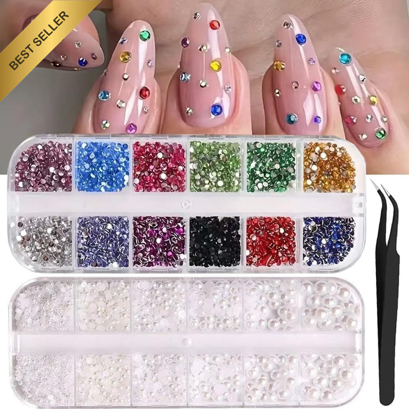 Nail Art Rhinestones Set 2 Boxes 3D Flatback Gems Pearls Kit with Tweezers Mixed