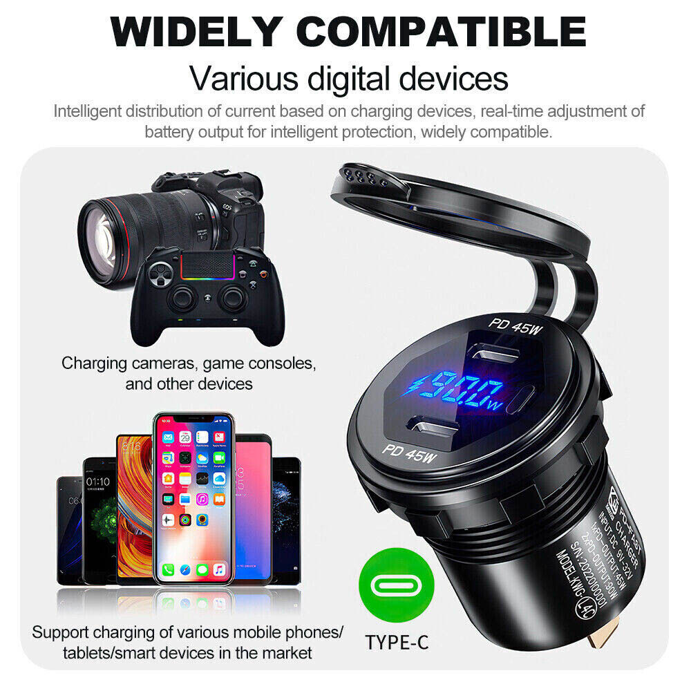 Metal 45W PD Type C Dual USB C Fast Car Charger Socket 12V/24V Car Power Outlet