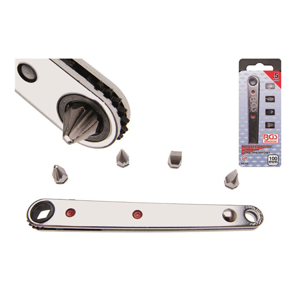 BGS-115 | Ratschen-Schlüssel Ultra Dünn mit 2 Kreuz-und 2 Schlitzbit