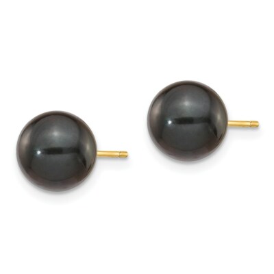 Pre-owned Superdealsforeverything Real 14kt 8-9mm Round Black Saltwater Akoya Cultured Pearl Stud Post Earrings In Yellow