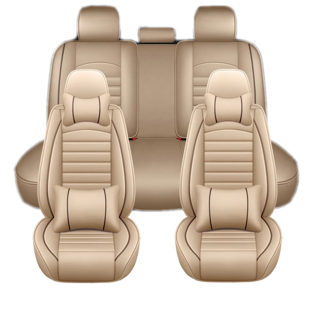 5-Seats Car Seat Covers PU Leather Front + Rear Cushion Full Set Universal Beige