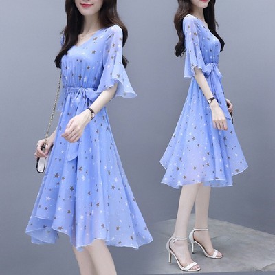 Women Dress Elegant Korean Style Mid-length Office Short-sleeve Simple