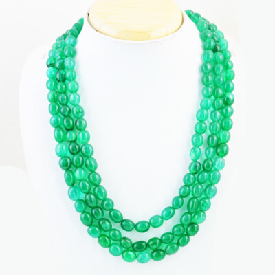 808.00 Cts Earth Mined 3 Strand Green Emerald Oval Shape Beads Necklace NK 44E35