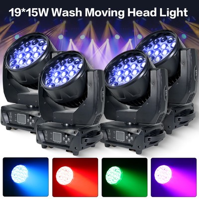 4Pack 19x15W LED Zoom Moving Head Stage Light RGBW DMX Beam Wash Lighting DMX512