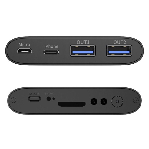 Dual USB power bank ports, Micro and iPhone inputs.