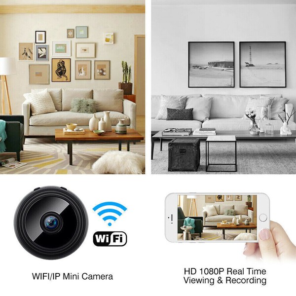 Wi-Fi mini camera ad with monitoring app and interiors.