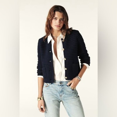 NEW Ba&sh Bash Gaspard Tweed Cardigan Jacket In Navy Blue | size  2 / M