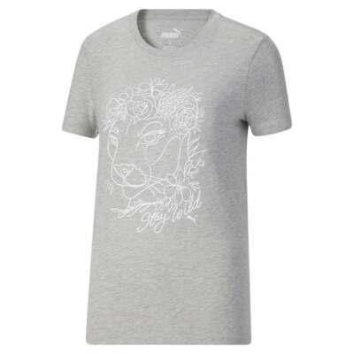 

Puma Cat Roses Graphic Crew Neck Футболка с коротким рукавом Женские серые повседневные топы 67, Grey