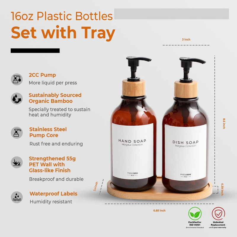 Amber Plastic Set Dish & Hand Soap Dispenser for Kitchen Bamboo Pumps & Tray
