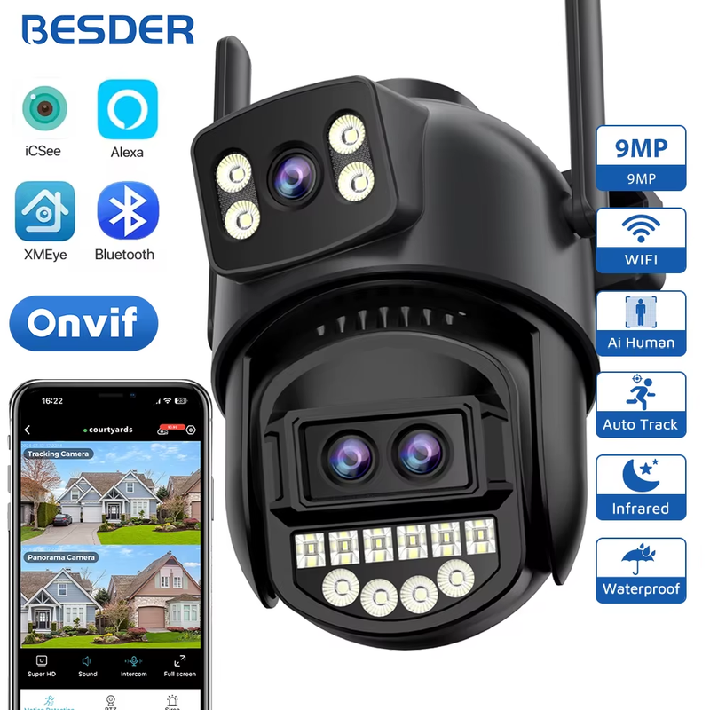 9MP Dual Screen Wifi Camera PTZ 8X Digital Zoom Color Night Vision Outdoor Secur