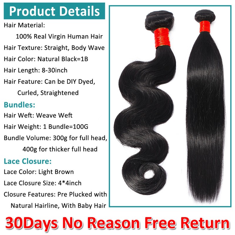 100 Virgin Brazilian Human Hair 3 Bundles With 4 4 Closure Thick