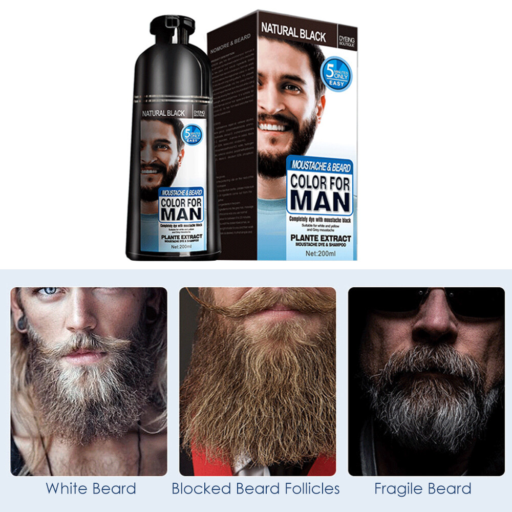 5 Minutes Men 2in1 Beard Mustache Natural Hair Color Shampoo Permanent Black Dye