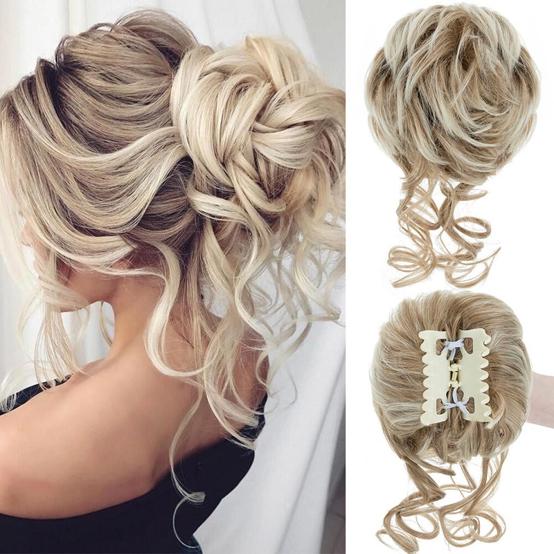 Blonde Real Natural Clip on in Messy Bun Hair Piece Extension Hair Claw Updo US