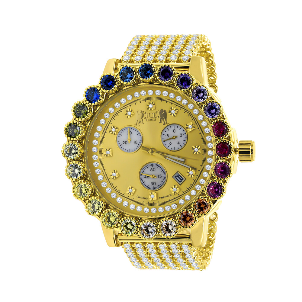 Pre-owned Ice House Real Diamond Solitaire Dial Rainbow Multi Gold Tone Men's Custom Xl Watch 55mm