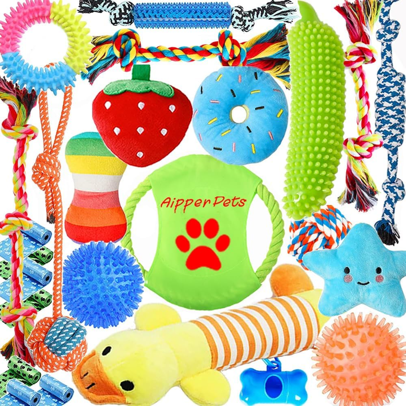 Dog Toys 25 Pack for Fun and Teeth Cleaning, Puppy Chew Toys Pack with Squeak Pl