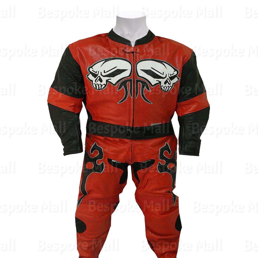 Pre-owned Handmade Mens Motorcycle Red Black Cowhide Leather Two Piece Suit Safety Pads-29
