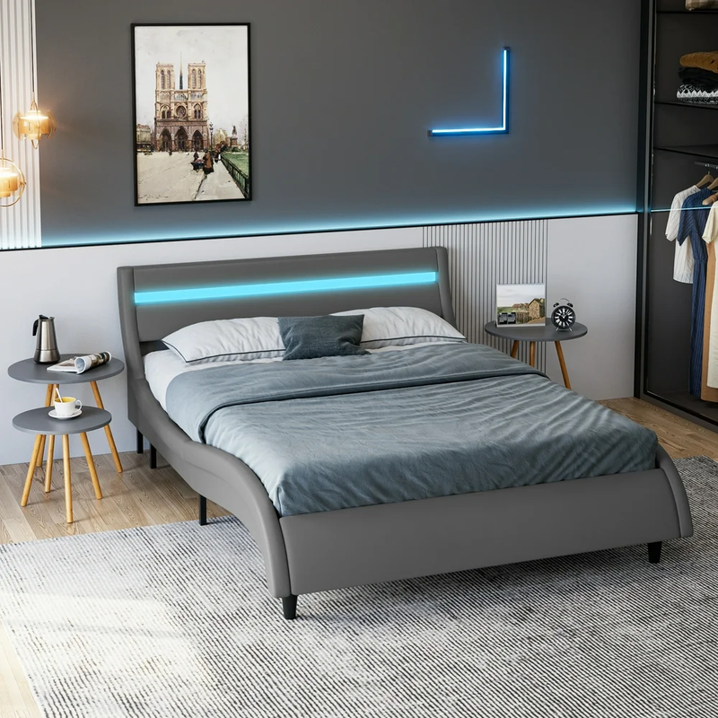 LED Bed Frame Platform Upholstered Low Profile Faux Leather Colorful Light Queen