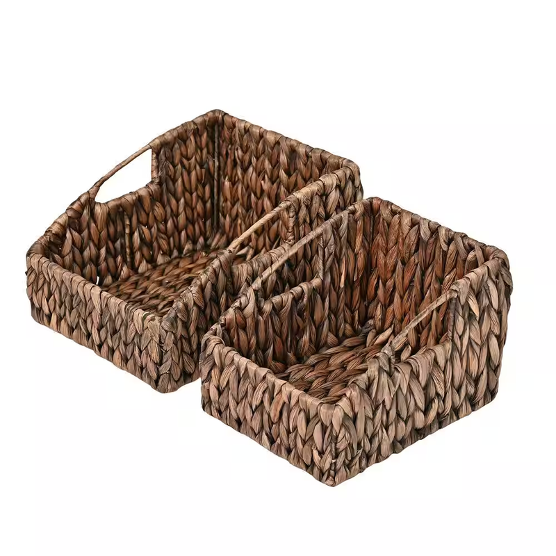 Pantry Storage Baskets Hyacinth Woven Decor Set of 2 Brown Handles Slanted Home