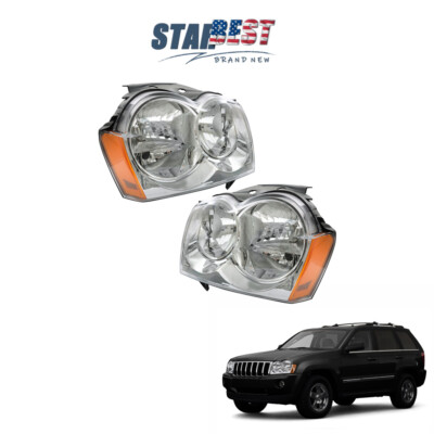 Pair For 2005-2007 Jeep Grand Cherokee Chrome Clear Headlights Halogen LH+RH Set