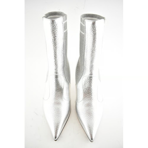 Pre-owned Fendi Rockoko Silver Scuba Stretch Ff Logo Knit Sock Ankle Kitten Heel Boot 37.5
