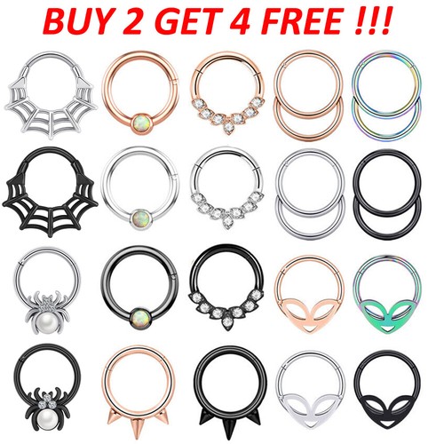 Multi-style 16G Nose Rings Hinged Hoop Earrings Surgical Steel Septum Clicker US