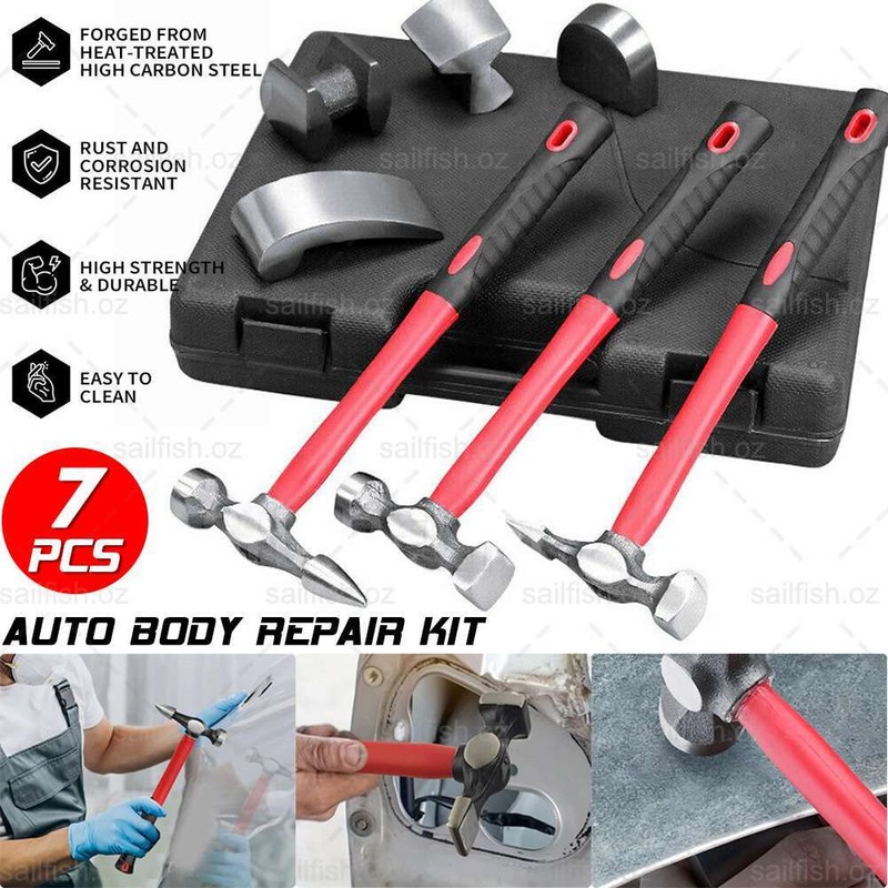 7pc Auto Car Body Repair Hammer Dolly Panel Dent Beating Tools Roller Kit Case