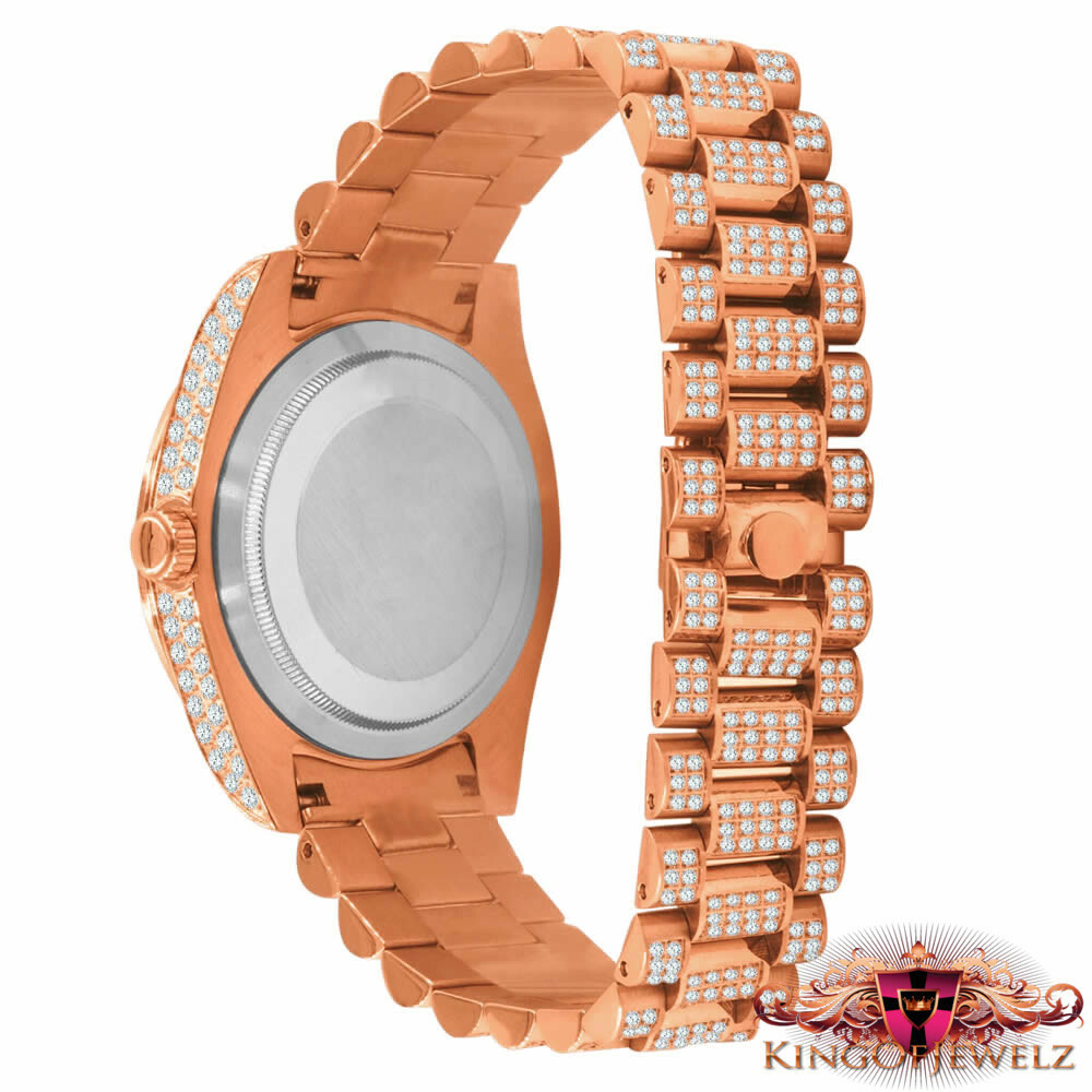 Pre-owned Bling Master 18k Rose Gold Finish Solid Stainless Steel Day & Date Roman Dial Solitaire Bezel