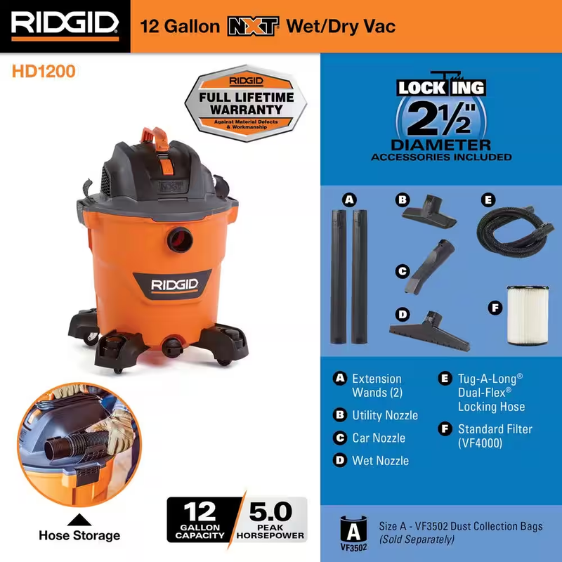NEW RIDGID 12 Gal 5.0 Peak HP Shop Vac NXT Wet Dry Vacuum Built-In Drain 7' Hose