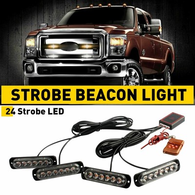 4PCS 6-LED STROBE LIGHTS FLASHING WARNING BEACON AMBER WHITE 12V REMOTE CONTROL