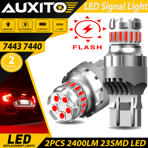 AUXITO 7443 7440 LED Red Strobe Flash Brake Stop Tail Parking Light Bulbs CANBUS