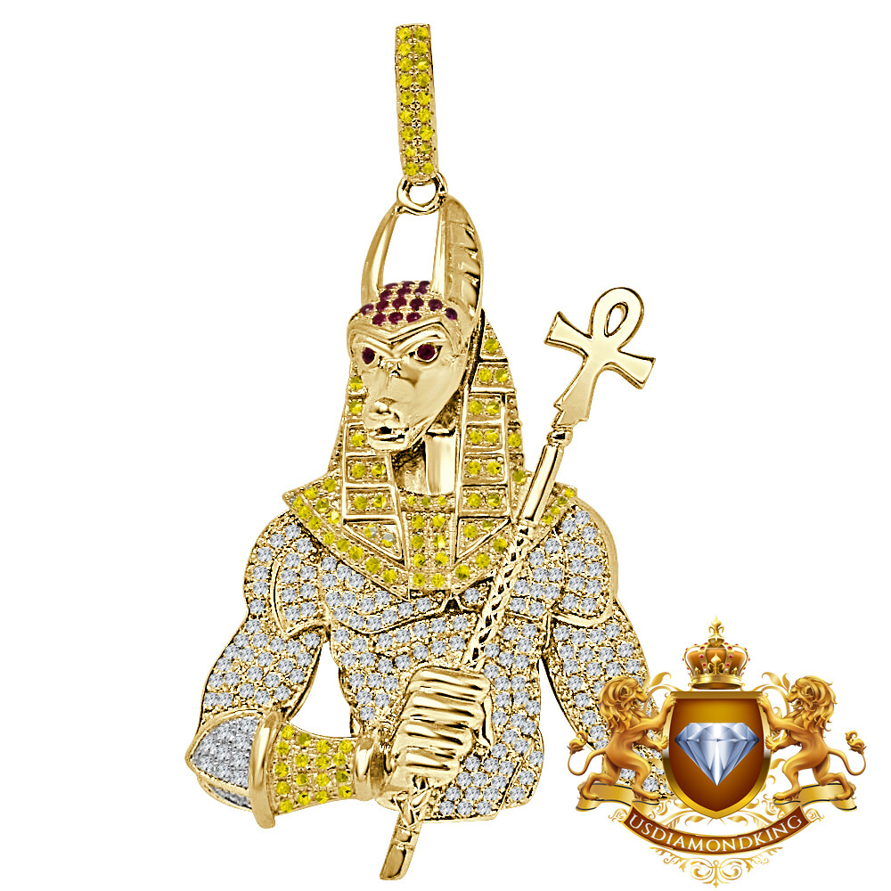 Pre-owned Us Diamond King Xl 3'' Real Silver Egyptian God Anubis Ankh Cross Custom Pendent Pharaoh Charm In Yellow/multi