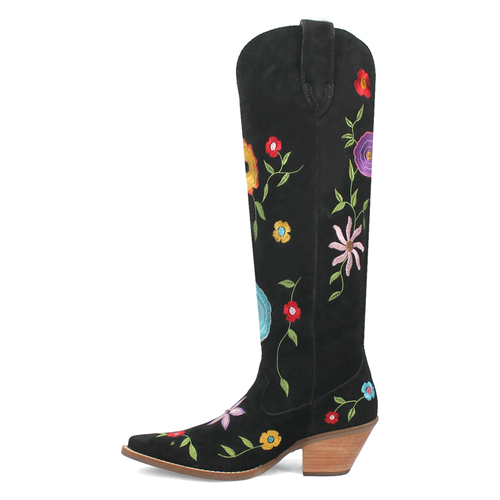 Pre-owned Dingo Flower Power Embroidered Floral Snip Toe Cowboy Womens Black Casual Boots