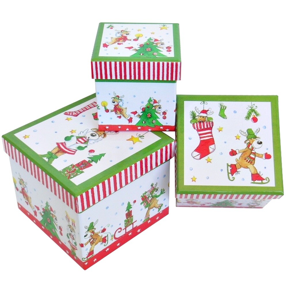 Weihnachts-Geschenkbox mit Rentieren quadratisch Geschenkkarton Weihnachten