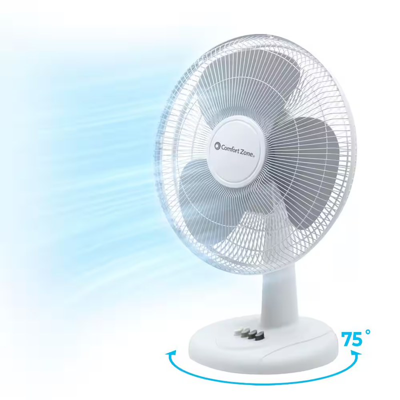 Comfort Zone Table Fan 16in White Oscillating 3 Speed Adjustable Tilt Quiet Cool